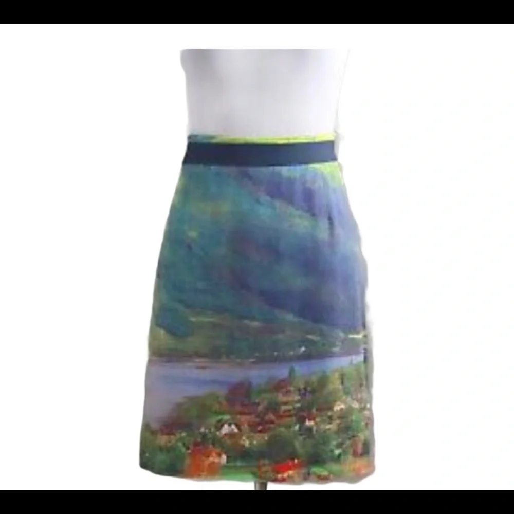 Anthropologie Meadow Rue River School Watercolor Landscape Print Pencil Skirt